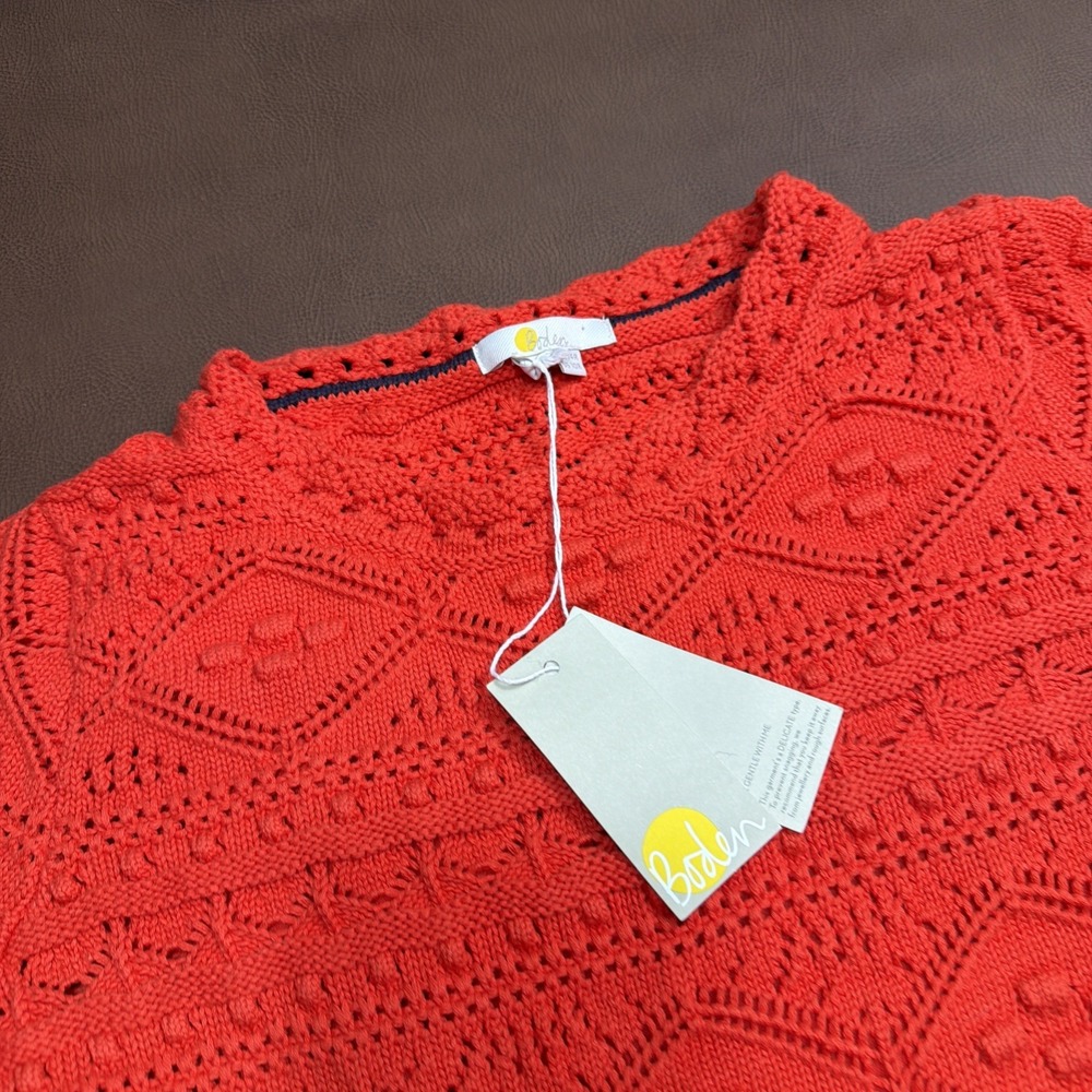 BODEN Claudia Textured Knitted Dress Orange Red Crochet Mini Short Sleeve Sz 10